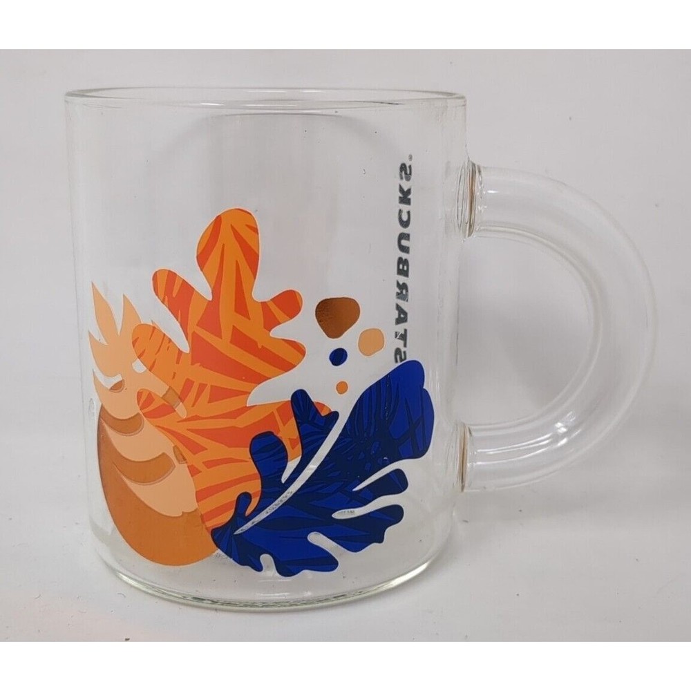 Starbucks Summer 2020 Clear Glass Coffee Tea Mug‎ Blue Orange Coral Leaves
